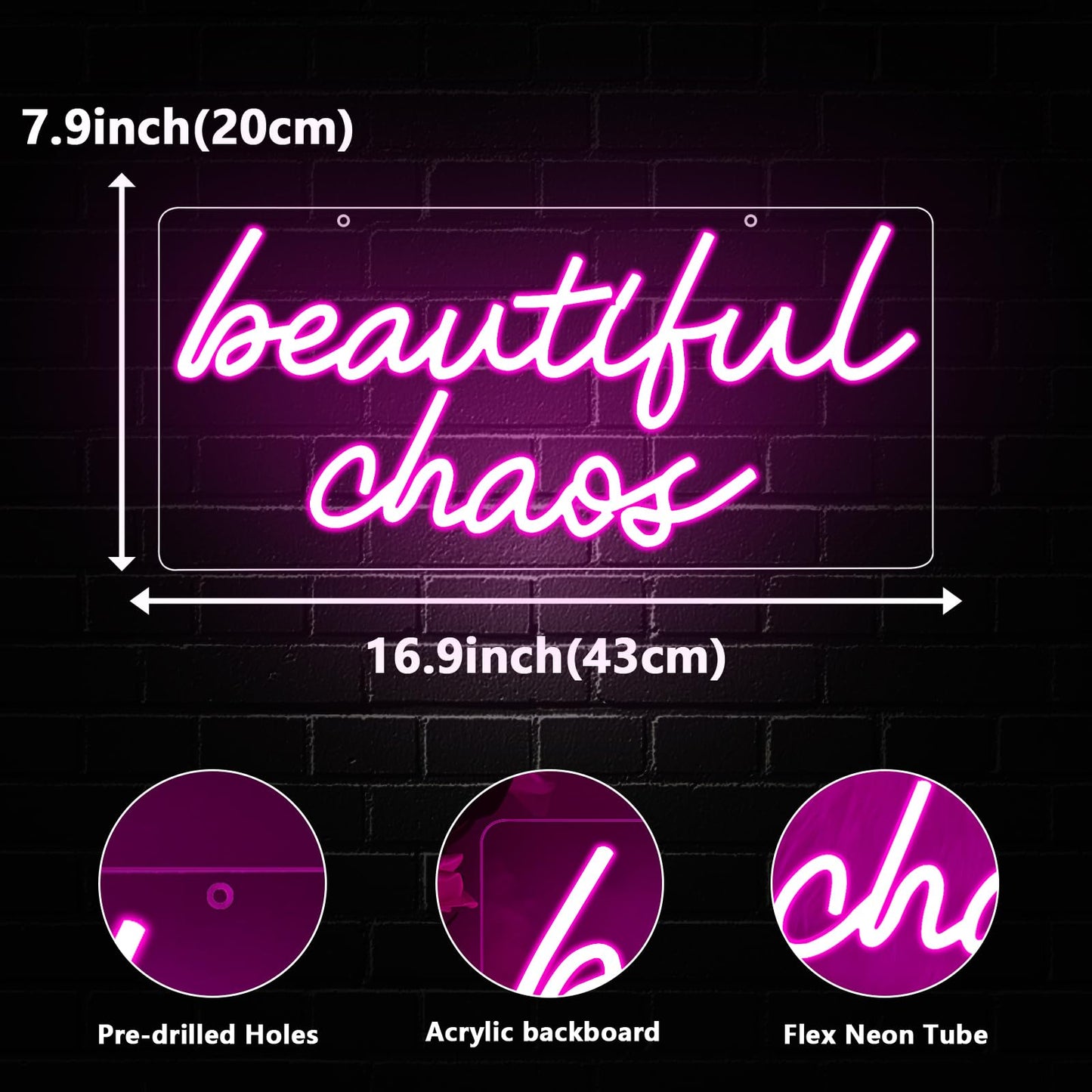 Beautiful Chaos Sign, Beautiful Chaos Led Neon Light Signs for Wall Decor Bedroom Home Bar Birthday Bachelorette Party Café Salon Wall Art Christmas Gift Dimmable USB Powered(16.9" × 7.9")