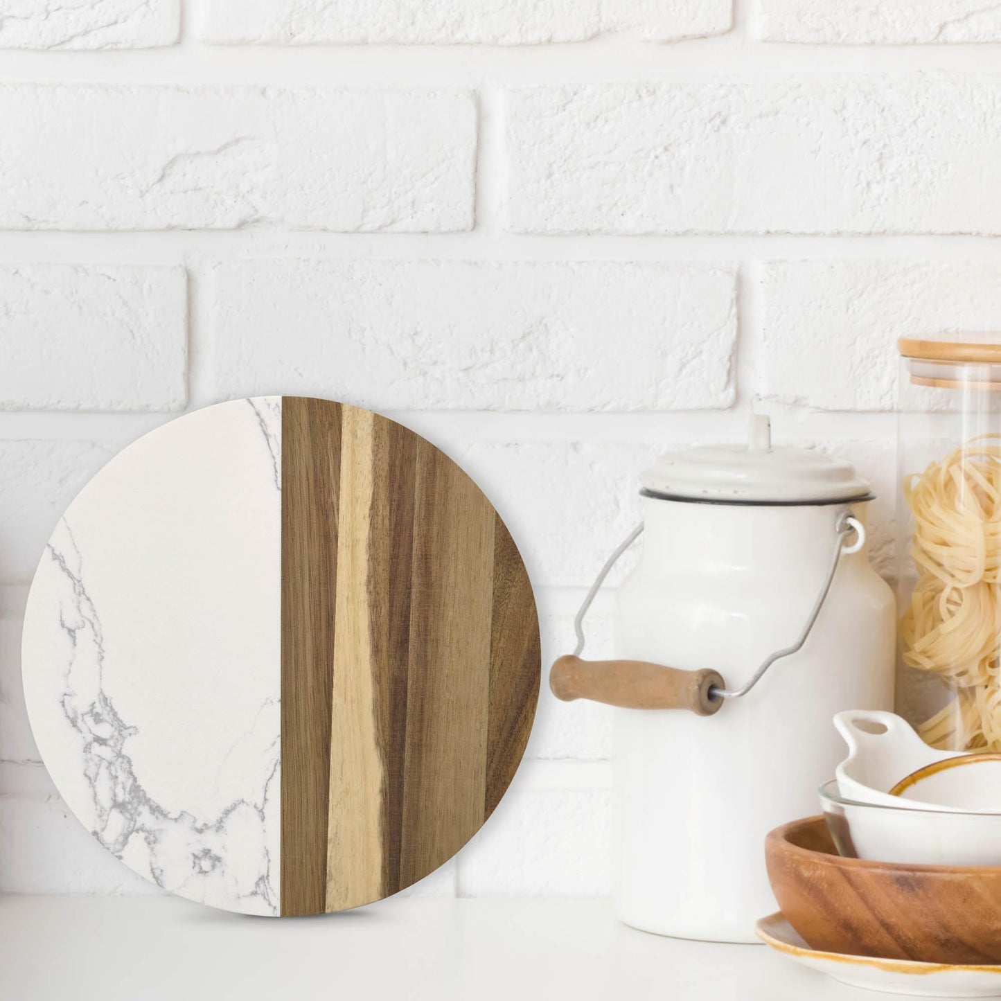 HIC Kitchen Charcuterie Cheese Board, Cultured Marble and Wood, Round, 9.85 x 9.85 x 0.5-Inches