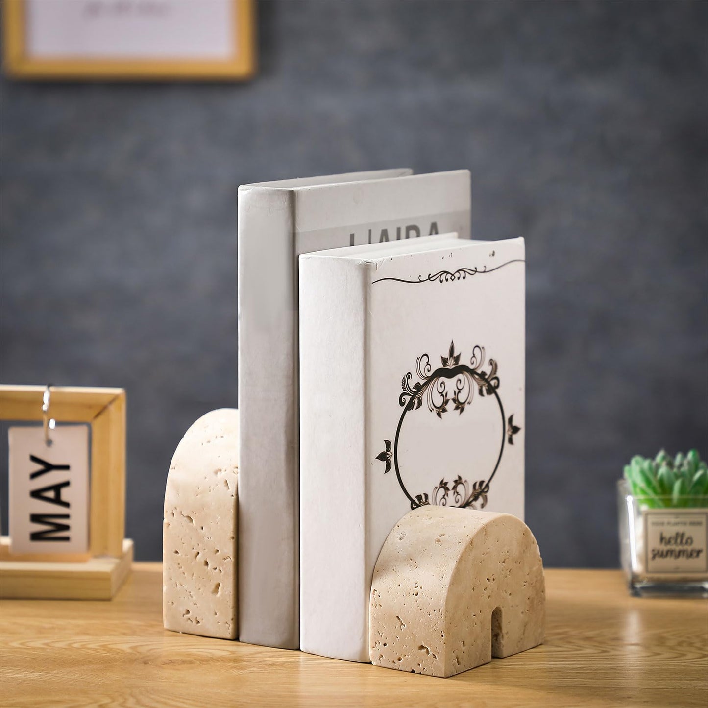Newtay 2 Pcs Marble Bookends for Shelves 5 Inch and 3 Inch Natural Travertine Book Ends Decorative Stone Bookends Heavy Duty Marble Book Holder for Bookshelf Home Decor