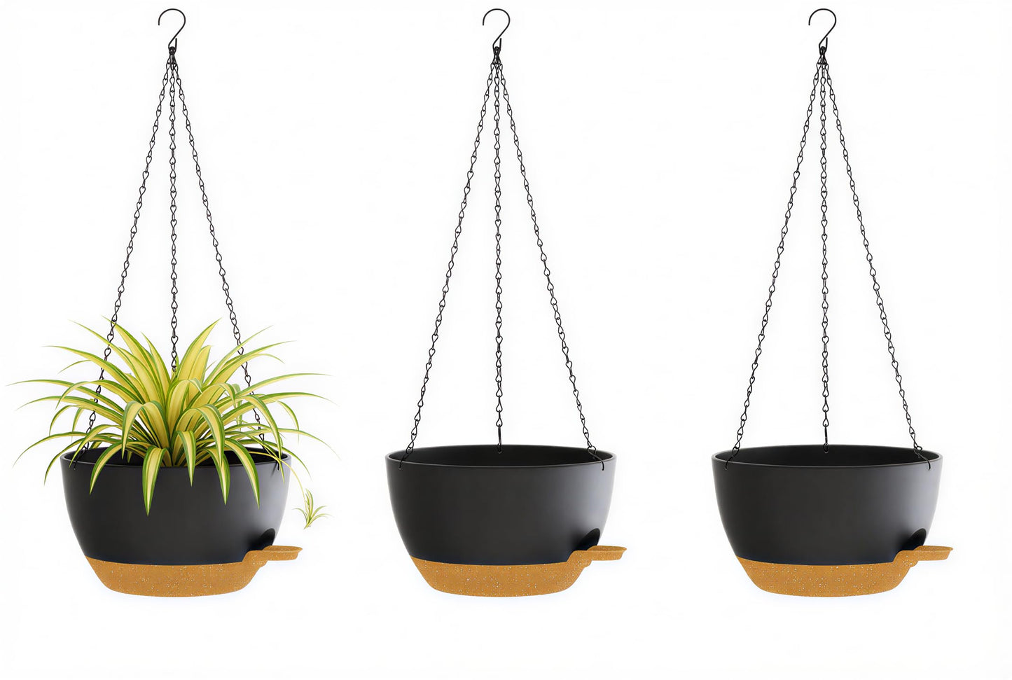 XQSHPDM Hanging Planters, 3-Pack 10 Inch Self-Watering Pots with Drainage Holes and Chains, Matte Plastic Planters for Indoor/Outdoor Plant（Black Brown）