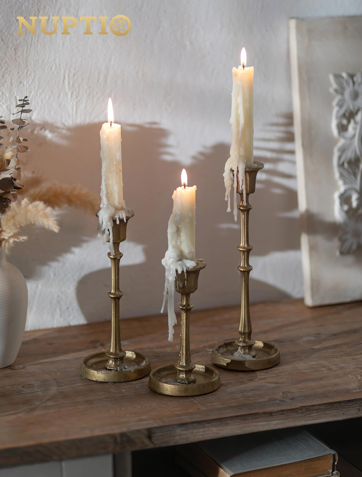 NUPTIO Cast Iron Candlestick Holders: Antique Brass Taper Candle Holders with Unique Drip Wax Aesthetics - Set of 3 Gold Candle Sticks Holder Fireplace Mantel Decor