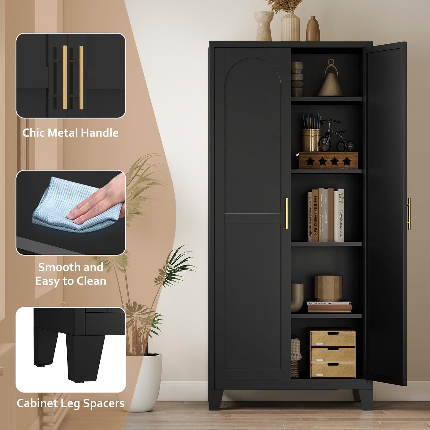 Zevemomo 70.87" H Metal Kitchen Pantry Cabinet, Freestanding Cupboard with 2 Doors and 4 Adjustable Shelves, Tall Metal Storage Cabinet for Kitchen, Bathroom, Dinning Room or Laundry Room （Black）
