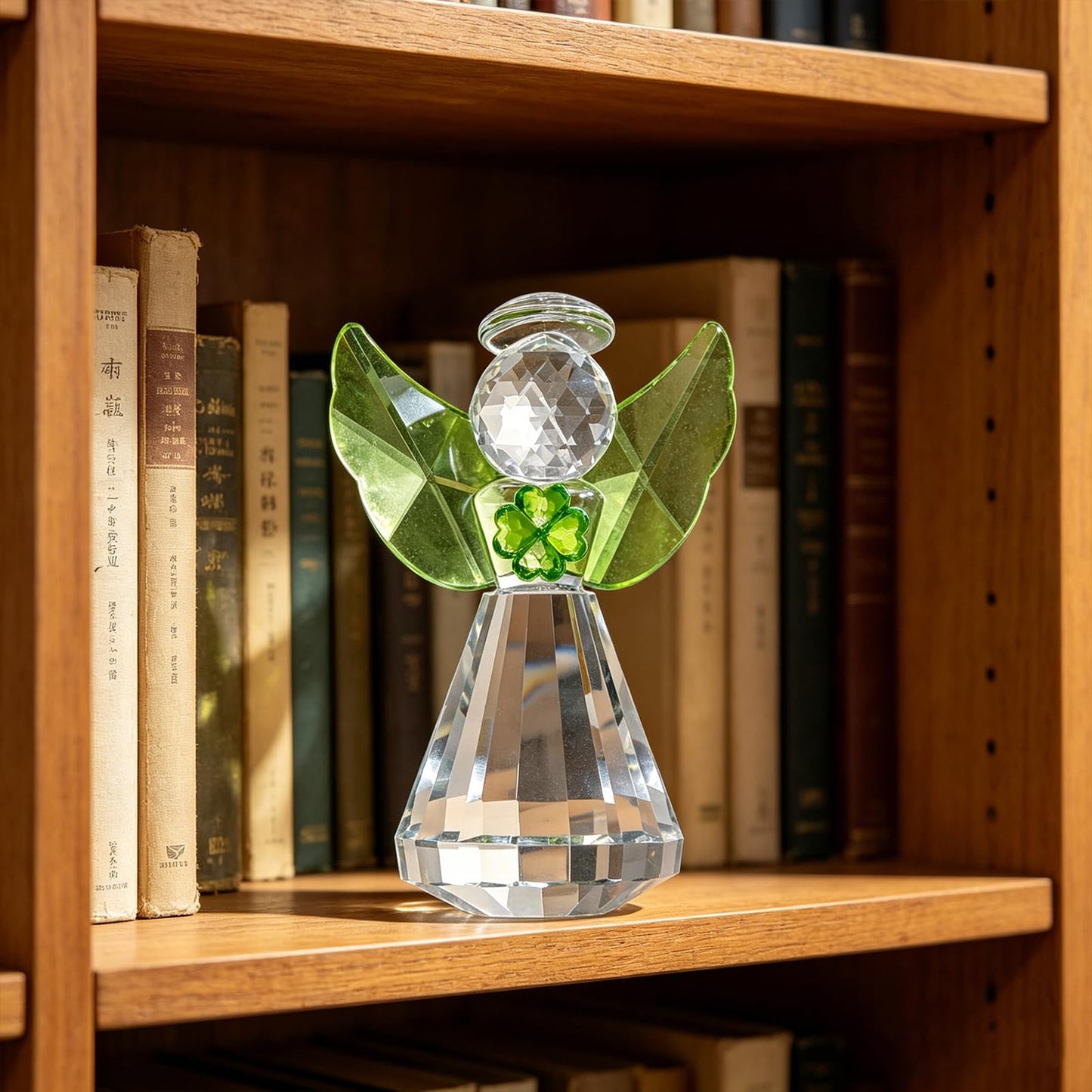 MysticGlitz 3.35in Crystal Guardian Angel Figurine with Green Four‑Leaf Clover, Handcrafted Ornament, Lucky Tabletop Decor Paperweight, Gift for Women Mother's Day Birthday Christmas(Green)