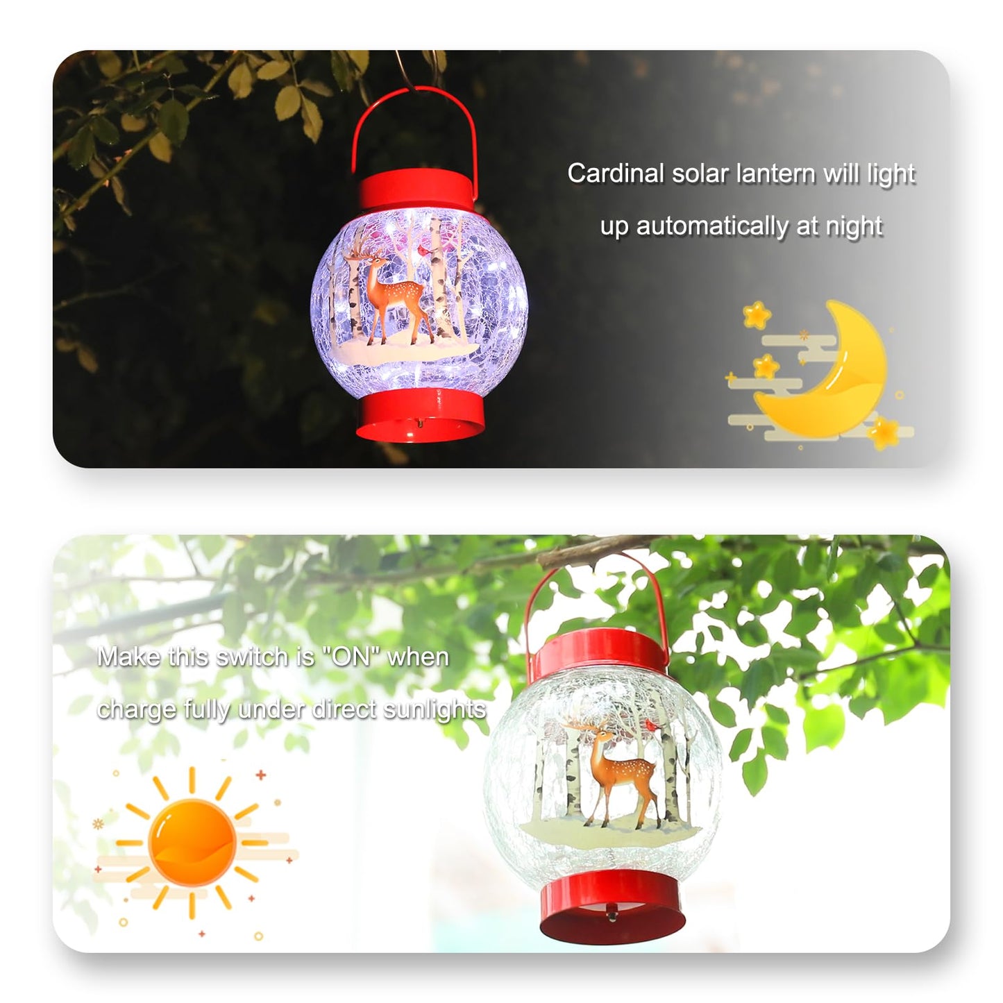 MUMTOP Solar Lantern Christmas Cardinal Reindeer Light, Crackle Glass Christmas Lanterns Hanging Solar Lights Outdoor LED Waterproof Tabletop Lamp for Table Yard Garden Patio Lawn Christmas Decor