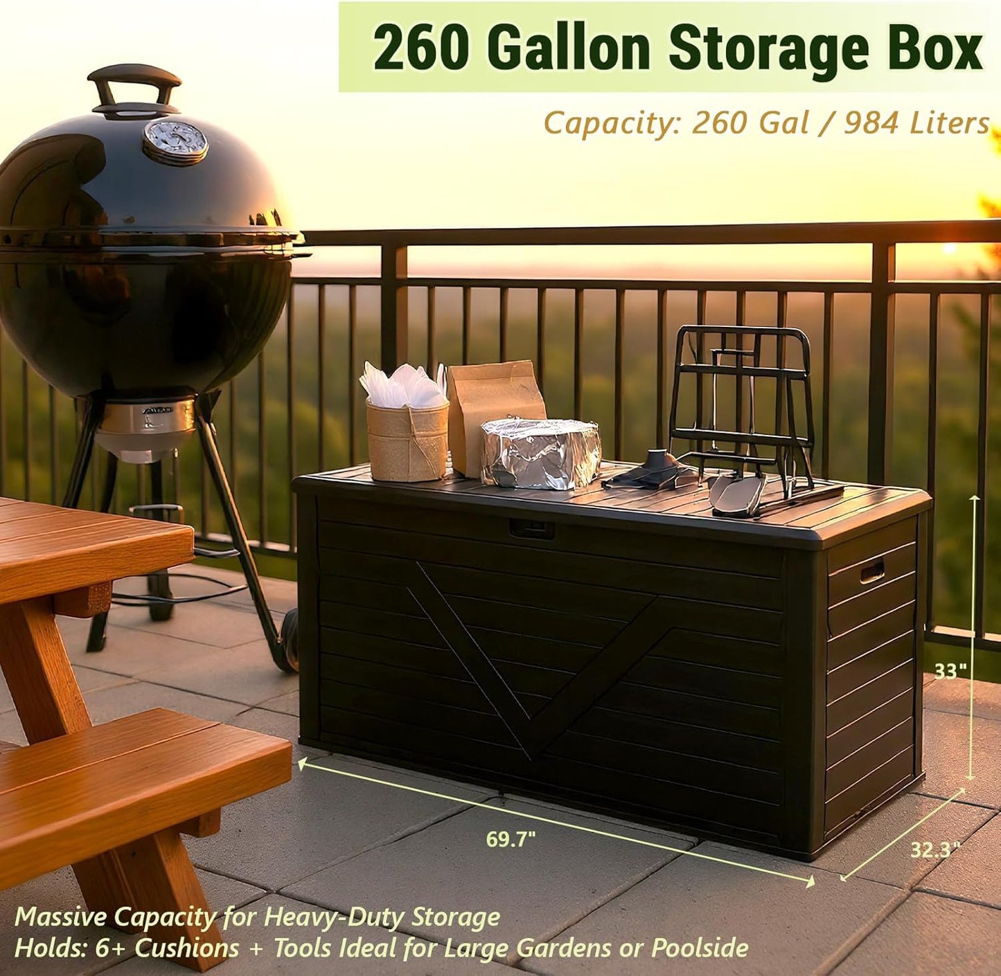 MAKE CHANGES 260 Gallon Outdoor Storage Box, Waterproof Resin Double-Wall Deck Box Organizer with Removable Dividers for Patio Cushion Storage, Lockable Outside Container for Garden Tools