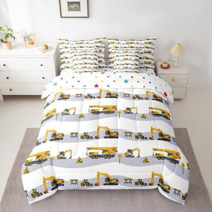 Erosebridal Cartoon Car Comforter Set with Sheets Twin Size Truck Excavator Bed in A Bag 7 Piece Yellow Tractor Bedding Set for Kids Boys Children Bedroom Construction Vehicle Bulldozer Bed Sets