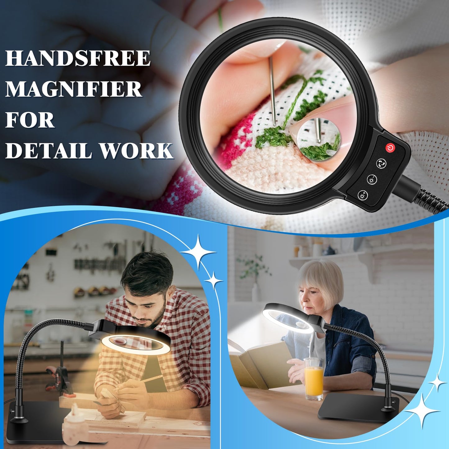 30X 10X Magnifying Glass with Light and Stand, 72 LED 3 Color Modes Stepless Dimmable, Hands Free Lighted Magnifier Desk Lamp for Close Work Craft Hobby Painting Sewing Jewelry Reading, Square