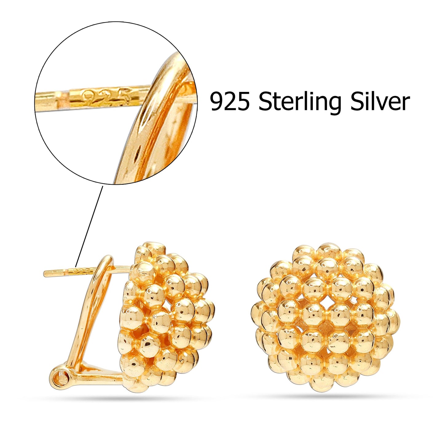 LeCalla 925 Sterling Silver Omega Back Earrings Jewelry Large 14K Gold Plated Crossover Round Beaded Omega Clip Back Stud Earring for Women - 15MM