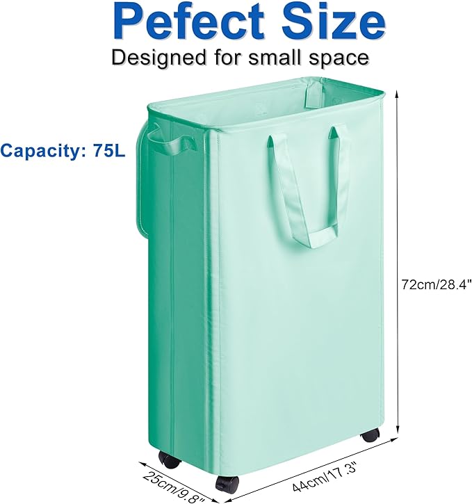 Slim Laundry Hamper with Lid and Wheels, Small Rolling Laundry Basket with