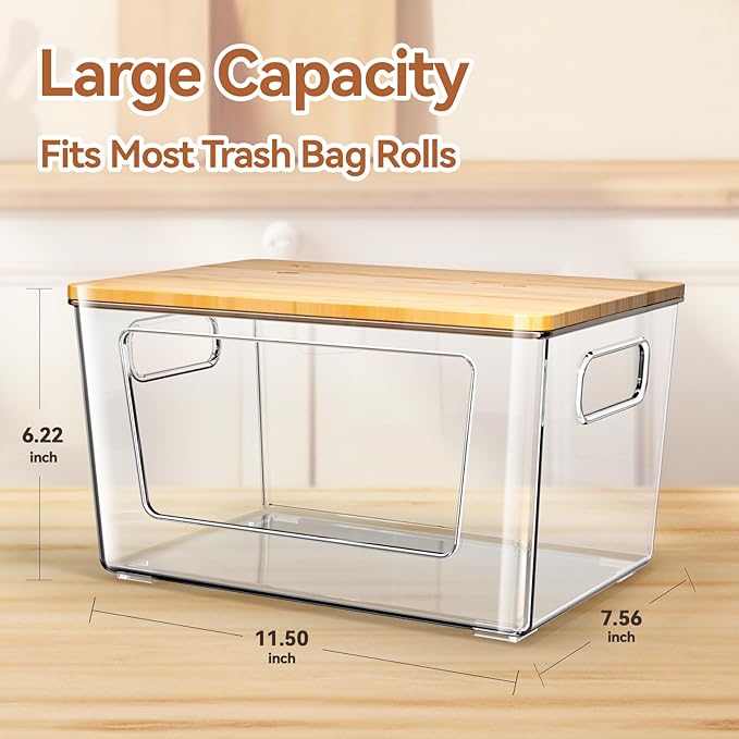2 Pack Trash Bag Holder with Bamboo Lid, Stackable Trashbag Dispenser, Extra