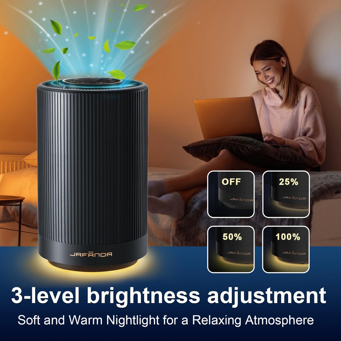 Jafanda Air Purifiers for Home Bedroom Coverage 450 sqft, 23 dB Air Cleaner with Brushless Motor, Effectively Remove Pollen Dust and Odor to Prevent Seasonal Air Diseases, Night Light