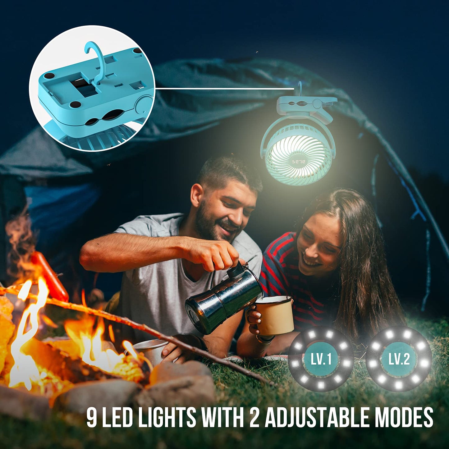 BLBS Clip on Fan 65Hrs Camping Fan with LED Light, 12000mAh Battery Operated Fans & PortableFan Rechargeable, Small Desk Fans USB TravelFan for Tent Camping Golf Stroller, Blue