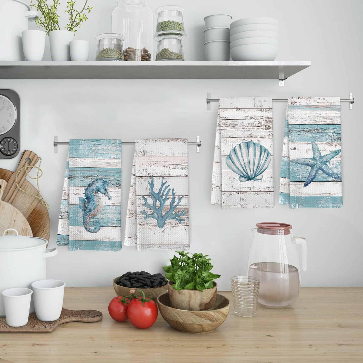 KFXHANGD Beach Coastal Kitchen Towels and Dishcloths Set of 4, Lake House Nautical Beachy Dish Towels, Starfish Seahorses Coral Seashell Decorative Hand Tea Towel for Bathroom Kitchen, 16x24 Inches