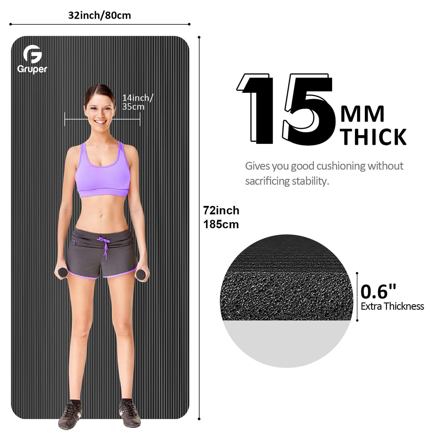 Yoga Mat Non Slip NBR Thick Yoga Mat, 72"L x 32"/24"W x 0.6"/0.4"TH (185cm x 80cm/61cm x 15mm/10mm), Anti-Tear Exercise Mat with Carrying Strap and Bag, Workout Mats for Yoga, Pilates, Floor Exercises