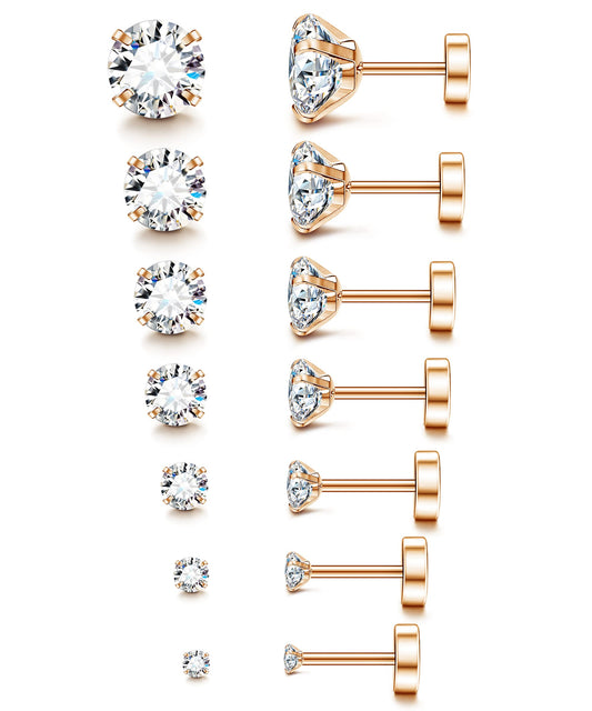 Fansilver 20G Hypoallergenic Flat Back Earrings for Women Men Silver 14K Gold Stainless Steel Stud Earrings Birthstone Cubic Zirconia Studs Surgical Steel Cartilage Earrings for Sensitive Ears