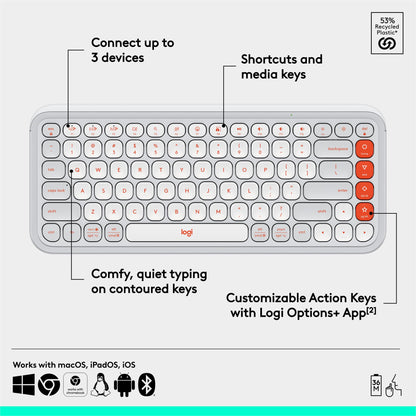 Logitech POP ICON Keys Wireless Bluetooth Keyboard, Comfortable Typing, Programmable Keys, Easy-Switch Between up to 3 Devices, for Laptop, Tablet, PC – Rose and Off-White