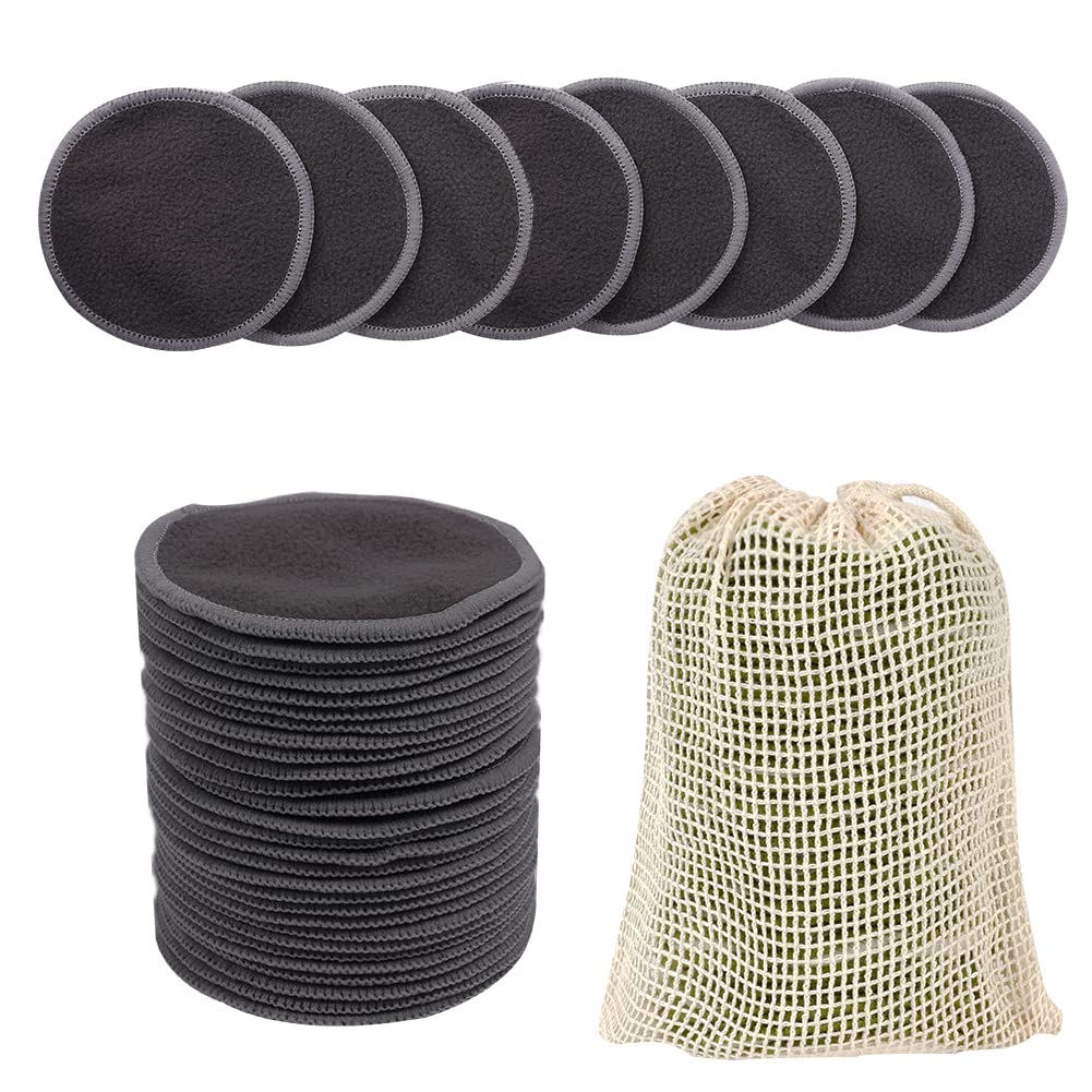 LOPHE Washable Make-Up Pads, Pack of 24 Cotton Pads, Reusable, Made of Bamboo Charcoal, Make-Up Nursing Pads with Laundry Bag, Cotton Pads, Sustainable Make-Up Wipes for Facial Cleansing (Grey)
