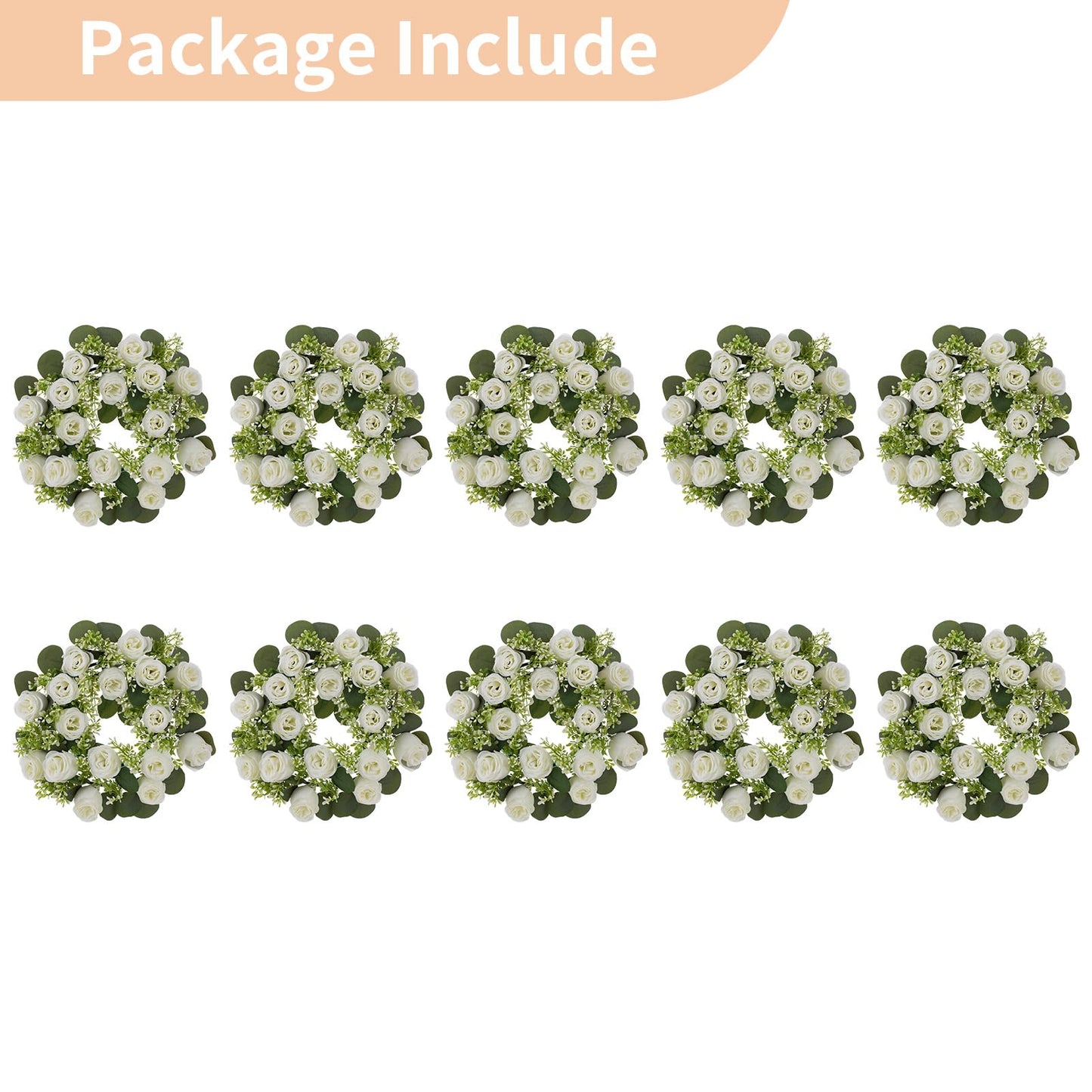 NUPTIO Flower Wedding Centerpieces for Tables - 10 Pcs 14 inch Diam Large White Artificial Flowers Fake Roses Candle Rings Wreaths Spring Summer Wreath for Front Door Weddings Party Ceremony Decor