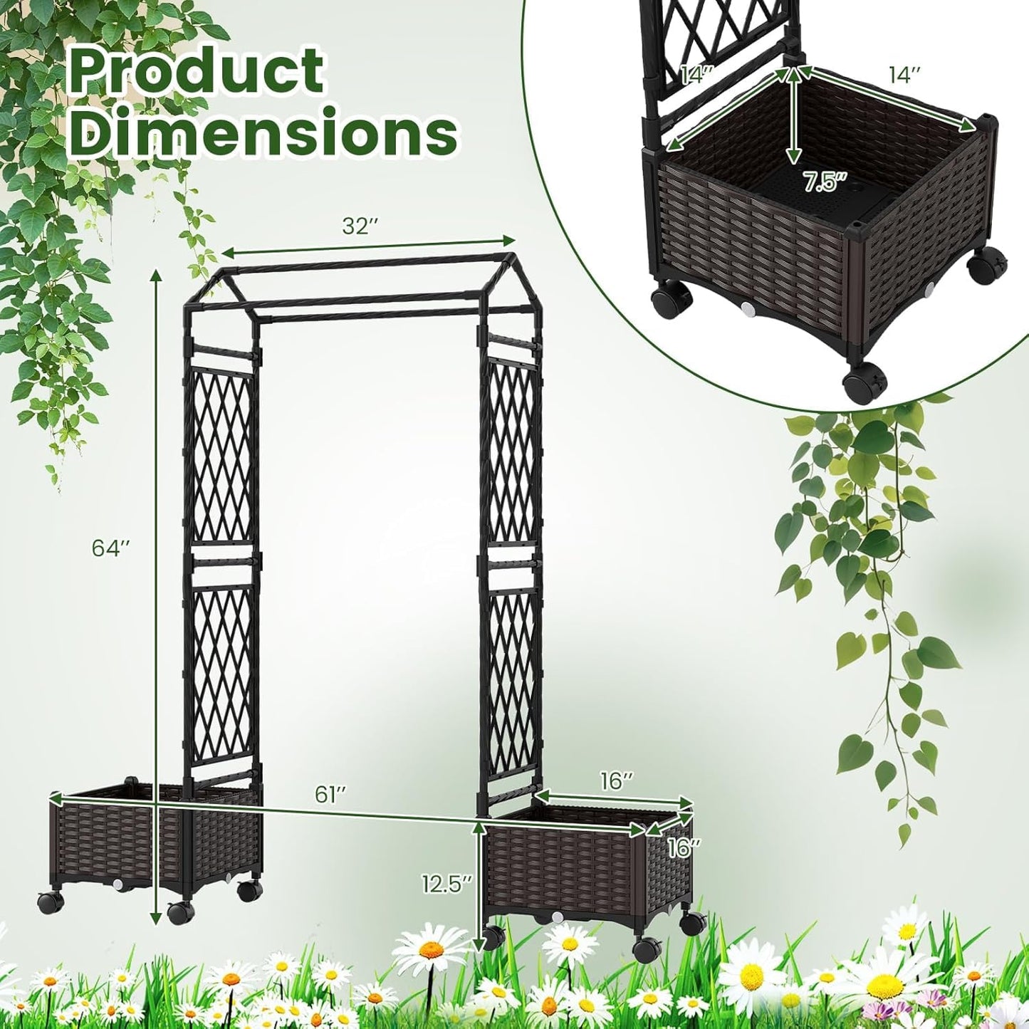 Byroce Self-Watering Tomato Planter Box with Trellis, 64” Tall Raised Garden Bed with Lockable Wheels, Arch Roof & Drainage Holes, Vertical Garden for Patio Balcony Outdoor Vegetables (Roof Type A)