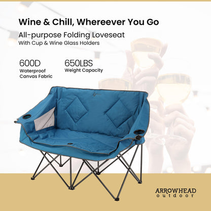 ARROWHEAD OUTDOOR 2-Pack Portable Folding Double Duo Camping Chair Loveseat w/ 2 Cup & Wine Glass Holder, Carrying Bag, Supports up to 650lbs