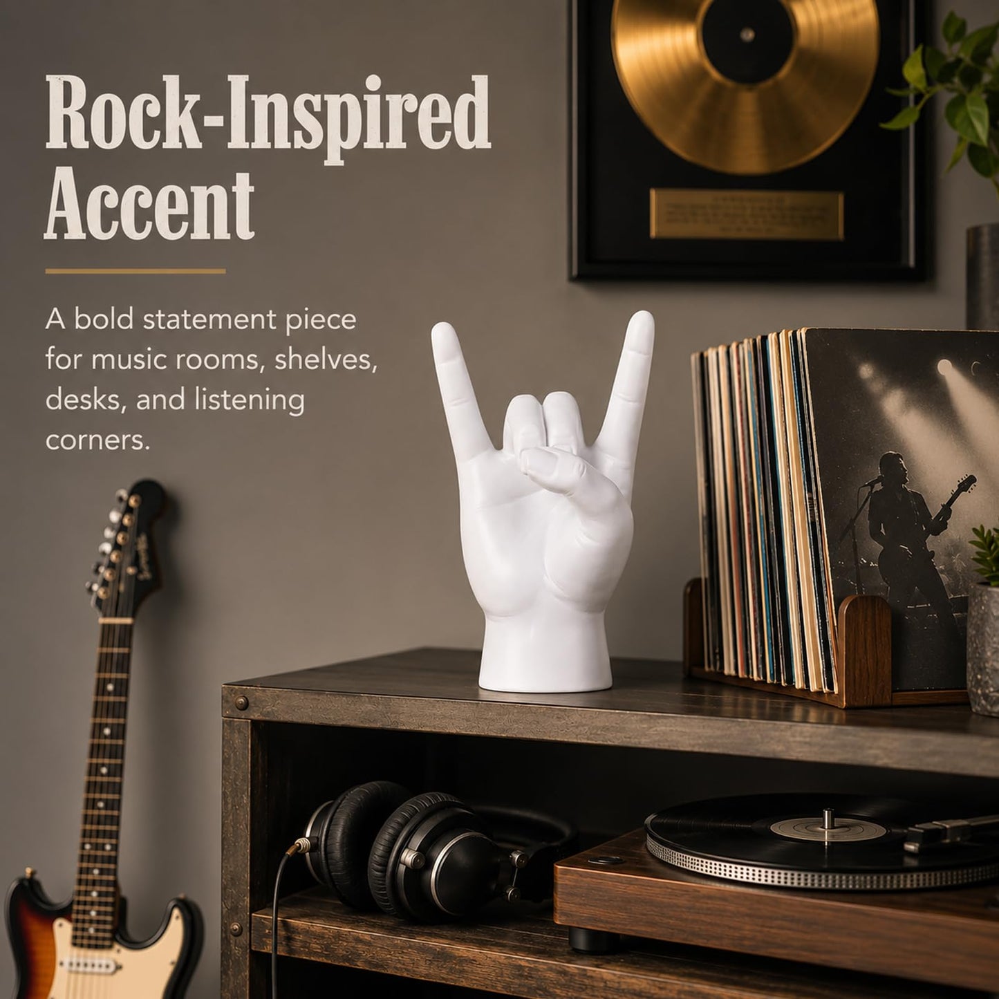 XIYOUQI Rock Hand Statue, Rock On Hand Gesture Sculpture, White Resin Hand Sign Decor for Music Lovers, Modern Tabletop Sculpture for Desk Bookshelf Mantel Man Cave Office Decor