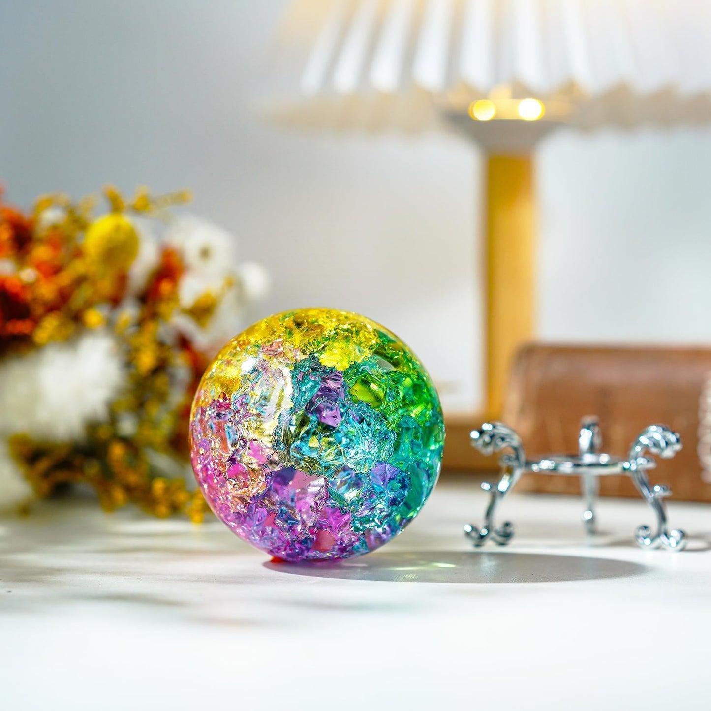 ZEERSHEE Colorful Ice Cracked Crystal Ball with Stand, 2.3" Glass Decor