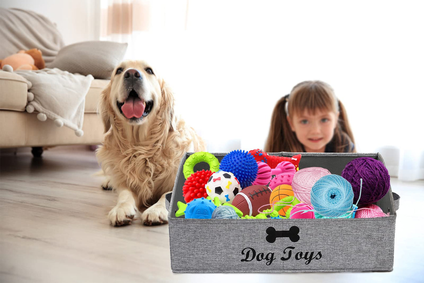 Geyecete Large dog toy bin dog toy box storage box - Foldable Fabric Trapezoid Organizer Boxes with Handle, Collapsible Basket for Dog Toys (Gray-DOG)
