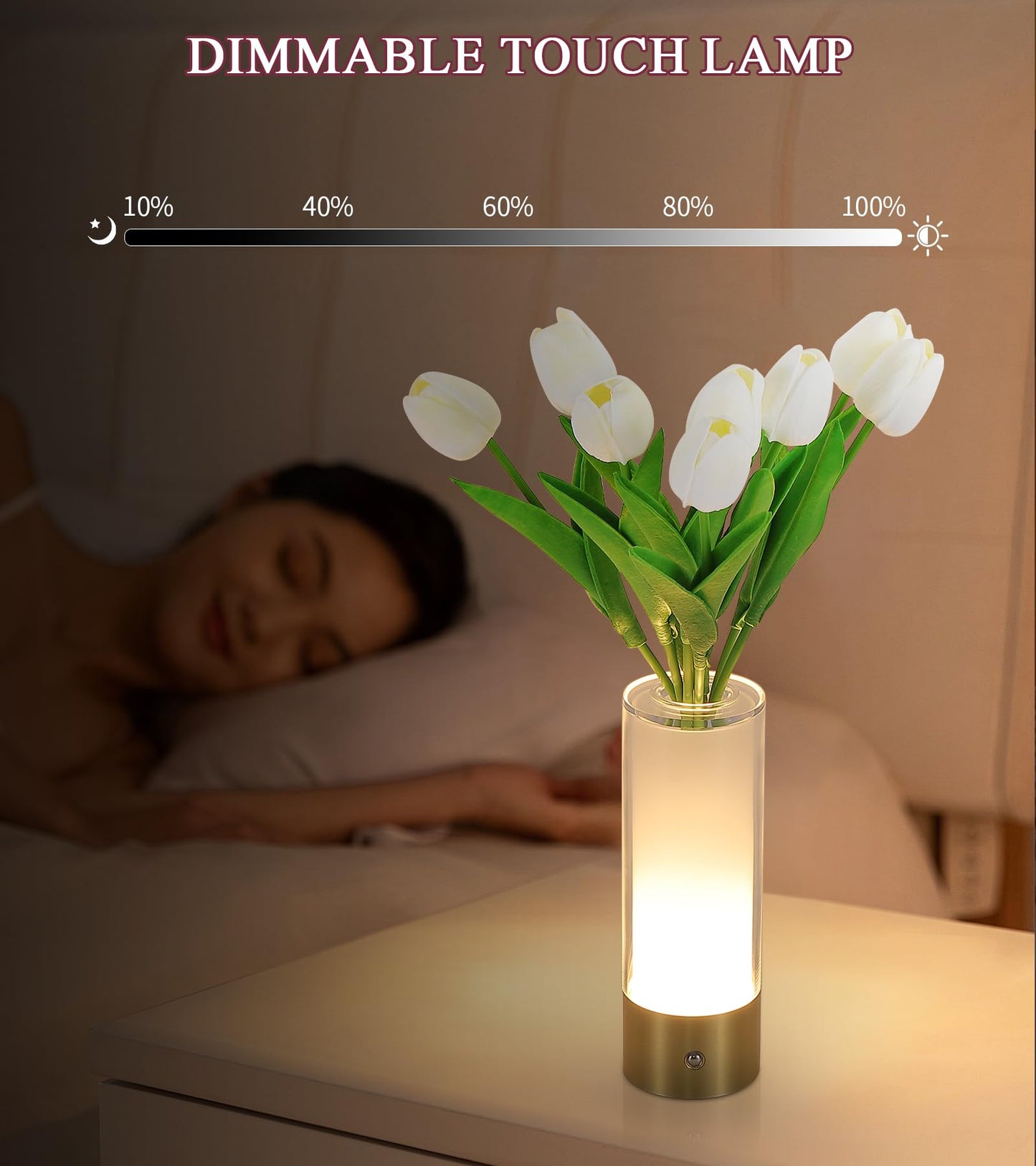AIHYING Flower Night Light,Touch Vase Lamp,Rechargeable Cordless Table Lamp,Dimming Small Mood Lighting for Dining Table/Bed Room/Bathroom/Closet,Gifts for Women/Mom, Artificial Tulips Included