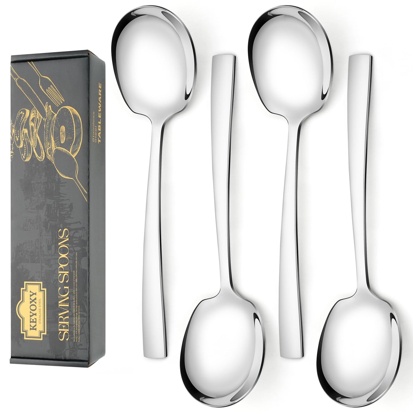 Keyoxy 4 Piece Stainless Steel Serving Spoons Set - 4 Large Spoons, 9.2-Inch, Dishwasher Safe, for Parties/Kitchen/Buffet/Catering