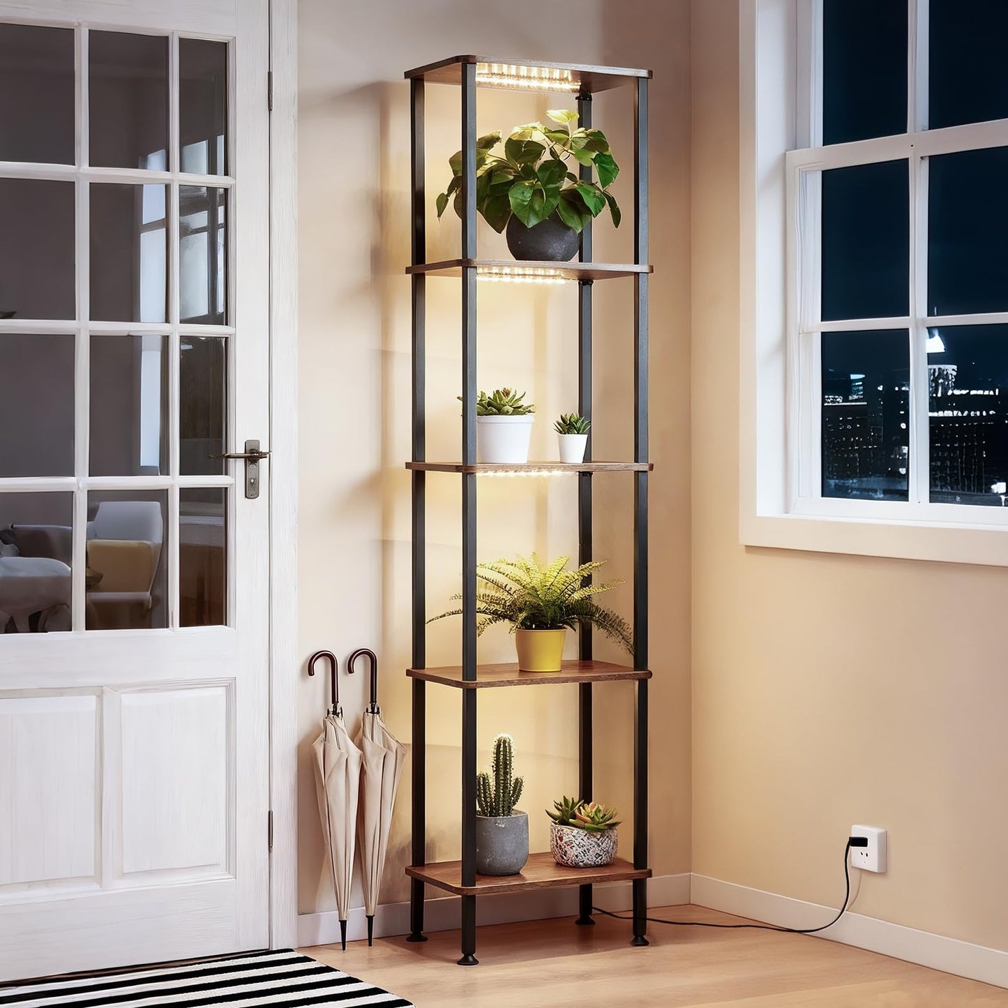 Bailoch Indoor Plant Stand with LED Grow Lights, 64" Tall Corner Lighted Plant Shelf, 5-Tier Metal Frame, Wood Shelves, Flower Clearance Display Stands Cabinet for Living Room, Balcony, Office, Black