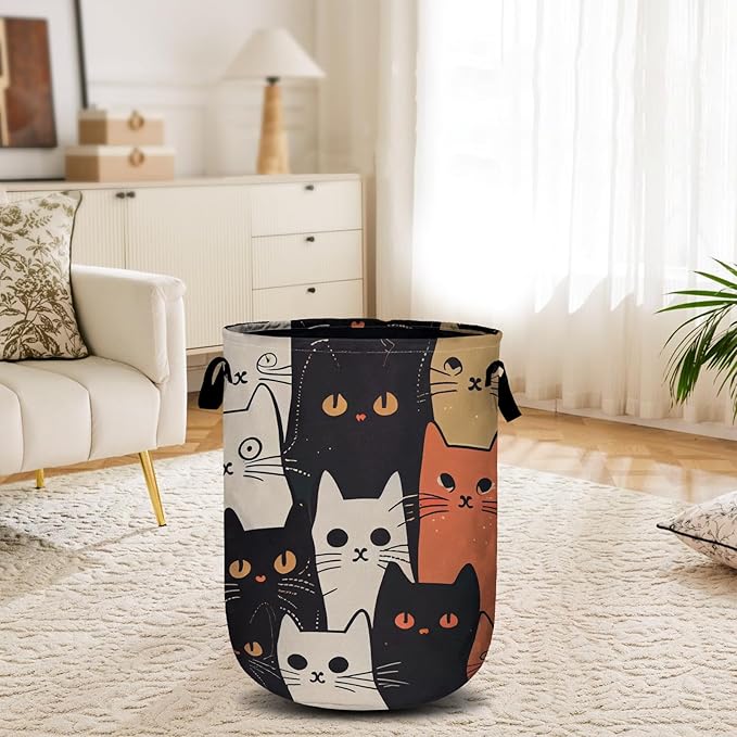 Watercolor Funny Cat Laundry Basket, Laundry Hamper Collapsible Oxford Cloth