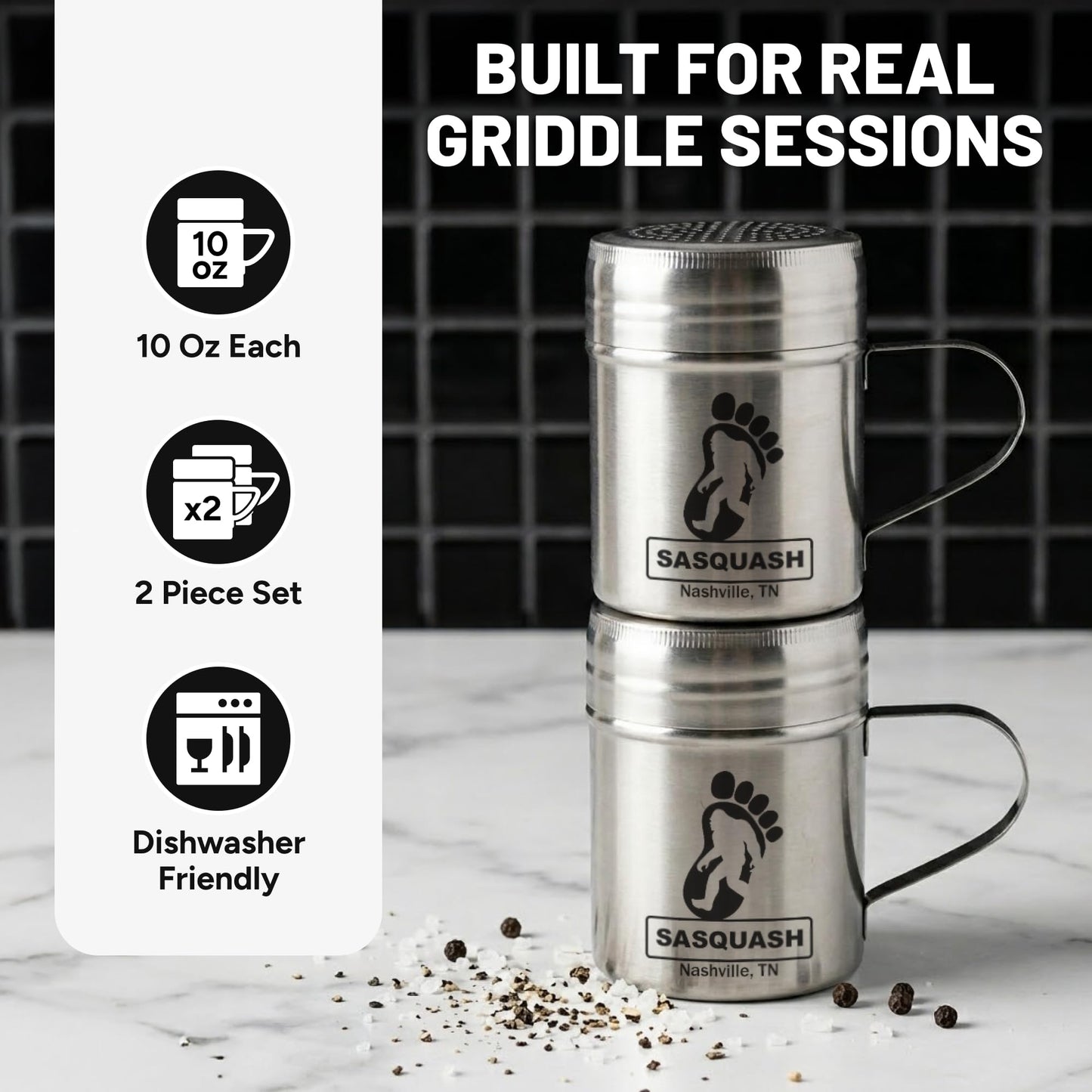 Sasquash Spice Shaker, Stainless Steel Shaker, 10 Oz Seasoning Shakers With Lid, 2 Pack Salt And Pepper Shakers For Griddle Cooking, Grill Station, Sugar Dispenser, Kitchen Accessories