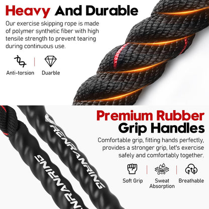 Jump Rope, 3LB Weighted Jump Rope for Fitness, 9.8ft Heavy Jumping Ropes for Exercise, Adult Workout Rope for Men & Women Improve Strength, Skipping Rope for Gym Training, Home Workout
