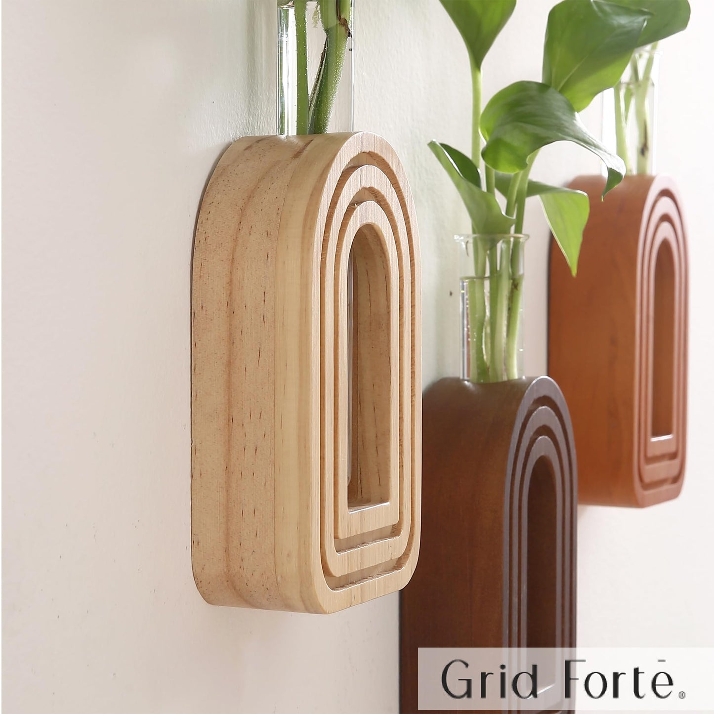 GRID FORTE Wood Wall Arched Propagation Vases (Set of 4), Hanging Plant and Flower Vases, Home Decor Boho Wall Decoration for Living Room Bedroom