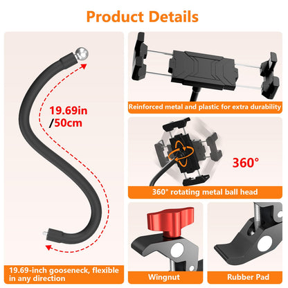 Gooseneck Tablet Holder, 19.69" Metal Crab Clamp iPad/iPhone Mount for Stroller/Treadmill/Golf Cart/Boat/Mic Stand/Gym Bicycle Handlebar Clamp/Desk, Compatible with 4-13" iPad Pro/Air/Mini/E-book