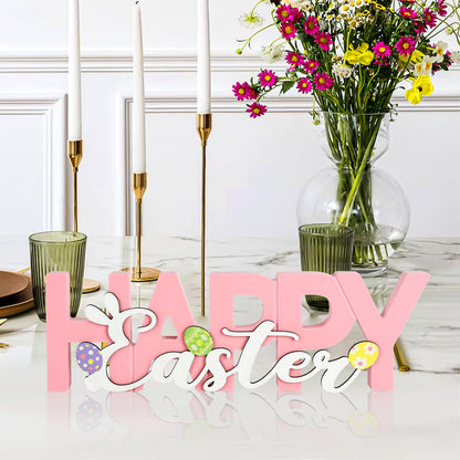 COCHIE Wooden Happy Easter Sign, Spring Decorations for Home, Office, Shelf, Mantel, Indoor, Wood Bunny Ear Egg Decor, Pink Spring Table Top Party Supplies Decoration (Easter)