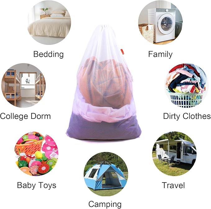 2 Pack Mesh Laundry Bags, 24 x 36 Inches Heavy Duty Drawstring Bag, Travel and