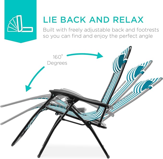 Best Choice Products Set of 2 Adjustable Steel Mesh Zero Gravity Lounge Chair Recliners w/Pillows and Cup Holder Trays - Peacock Striped