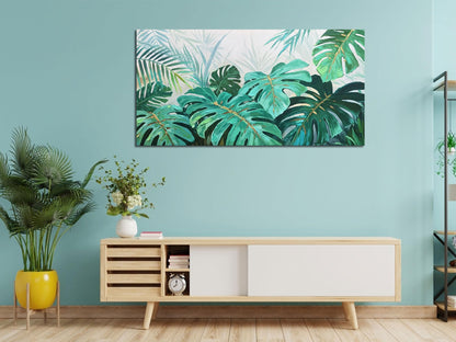 Enartly Tropical Green Leaf Canvas Wall Art Monstera Palm Leaf Painting Jungle Plant Botanical Picture Nature Artwork Print Framed for Living Room Bedroom Bathroom Office Home Decor, Large 40"x20"