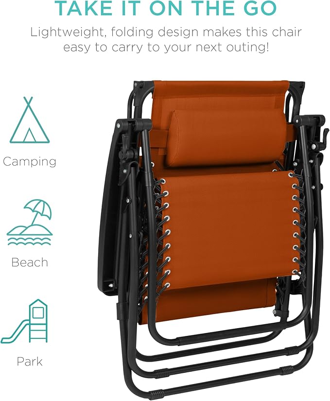 Best Choice Products 30” Wide Folding Zero Gravity Outdoor Recliner Patio Lounge Chair w/Adjustable Canopy Shade, Headrest, Side Accessory Tray - Burnt Orange