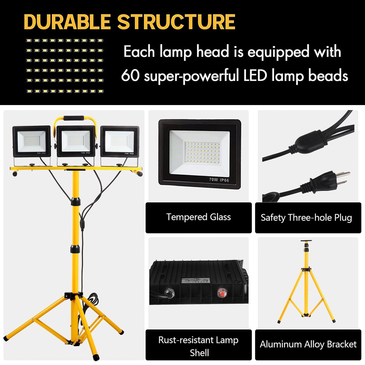 22000 Lumen Work Lights with Stand, 3 Adjustable Head LED Work Light, with Adjustable and Foldable Tripod Stand, Waterproof Lamp with Individual Switch with 6500 Kelvin Color Temperature 2Pack