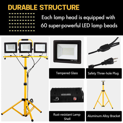 22000 Lumen Work Lights with Stand, 3 Adjustable Head LED Work Light, with Adjustable and Foldable Tripod Stand, Waterproof Lamp with Individual Switch with 6500 Kelvin Color Temperature 2Pack