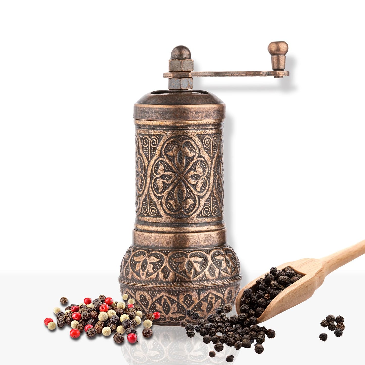 Glios Handmade Decorative Black Pepper Grinder, Refillable Turkish Spice Mill Manual Pepper Mill with Handle, Spice Grinder Metal with Hand Crank 11 cm-4.3 inch