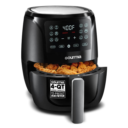 Gourmia Air Fryer Oven Digital Display 4 Quart Large AirFryer Cooker 12 1-Touch Cooking Presets, Black and Stainless Steel Accents Fry Force GAF486