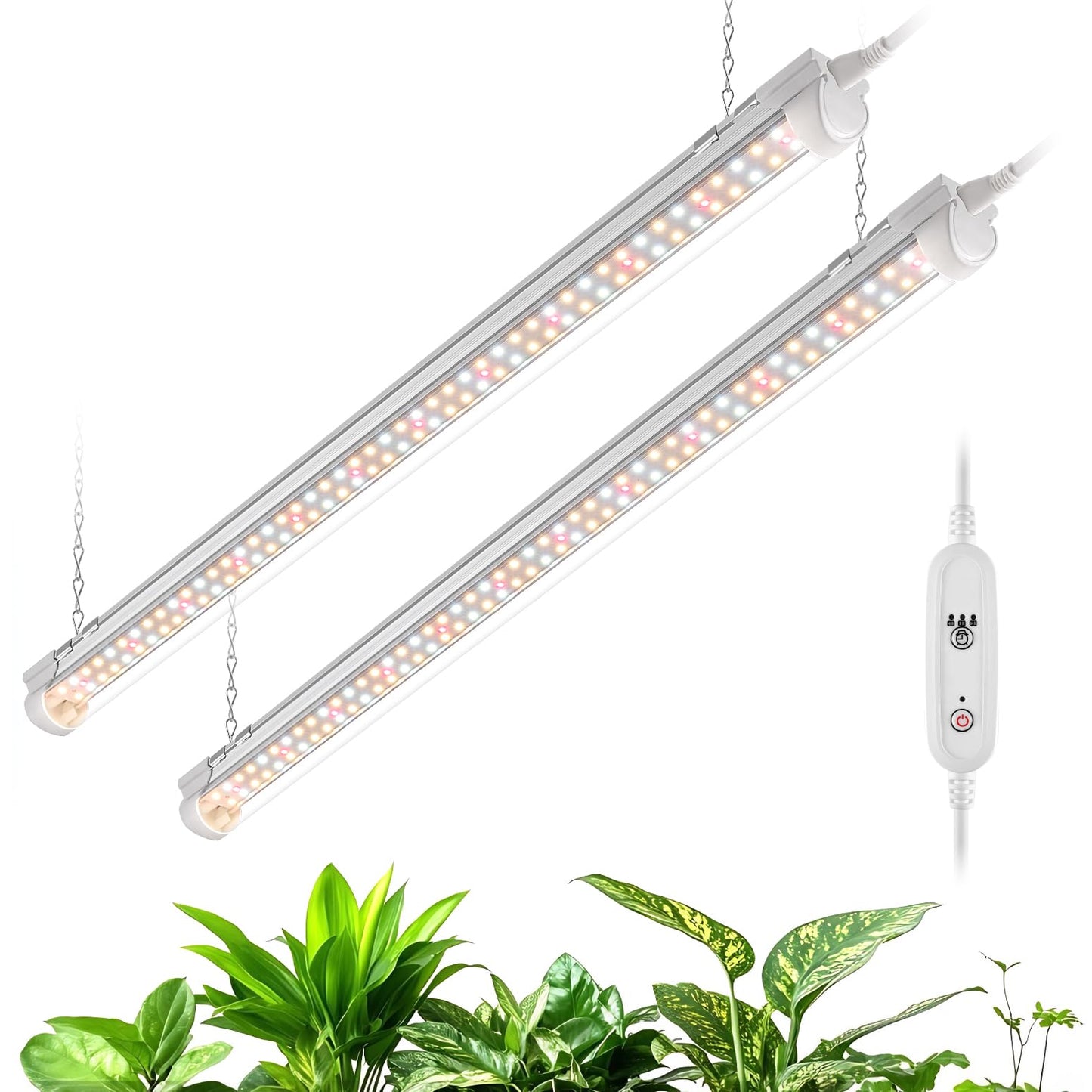 Bstrip Grow Light, 2FT 48W (2 X 24W) Plant Light with Timer, Full Spectrum with 660nm Red LEDs, Linkable Design, 3686K T8 Grow Lights for Indoor Plants, Greenhouse, Seeding, 2-Pack