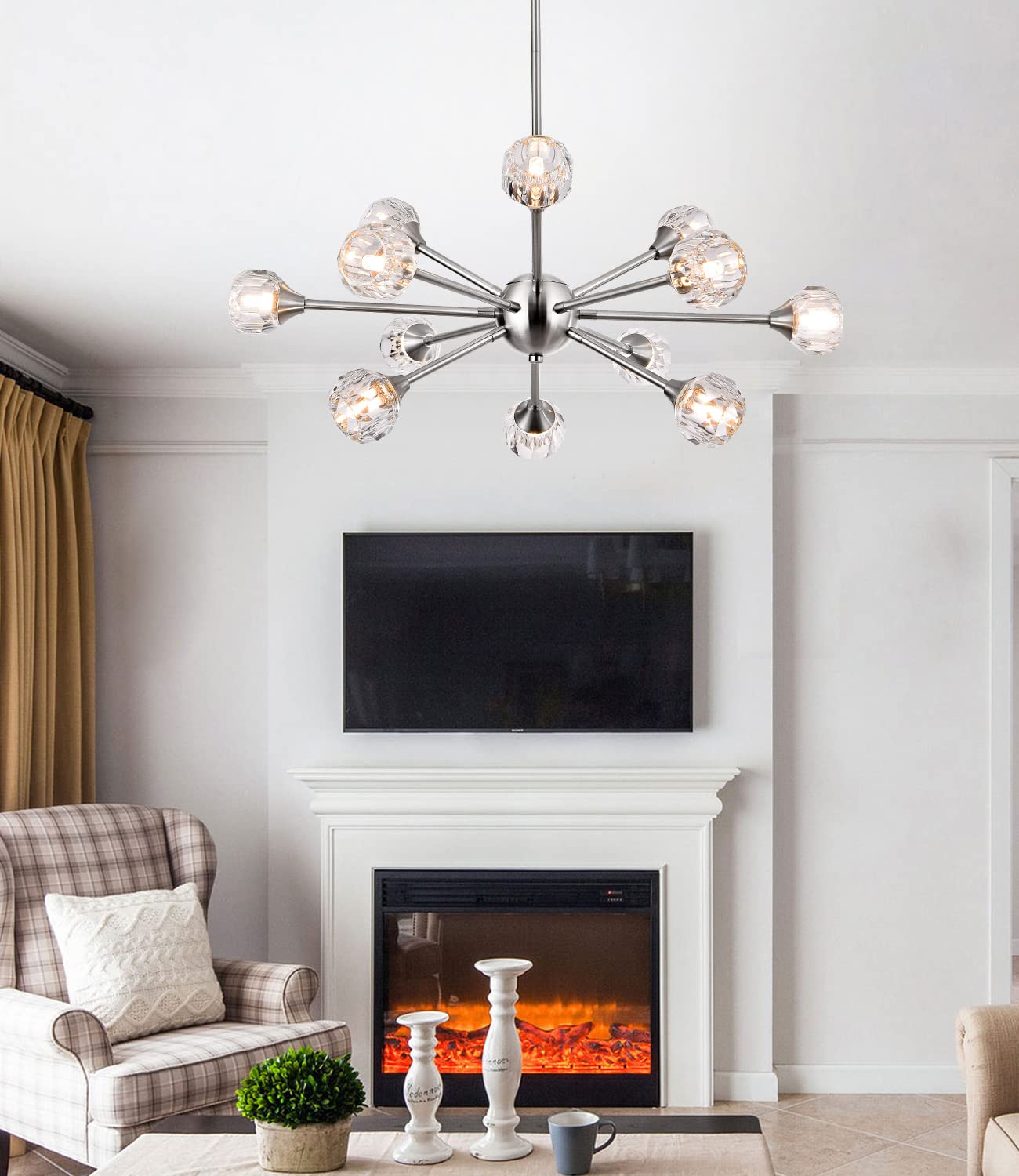MKONOL Modern Sputnik Crystal Chandelier, 12-Light Brushed Nickel Firework Chandelier, Mid Century Dandelion Pendant Light Fixture for Dining Room, Living Room, Bedroom, G9 Base (Bulbs Not Included)