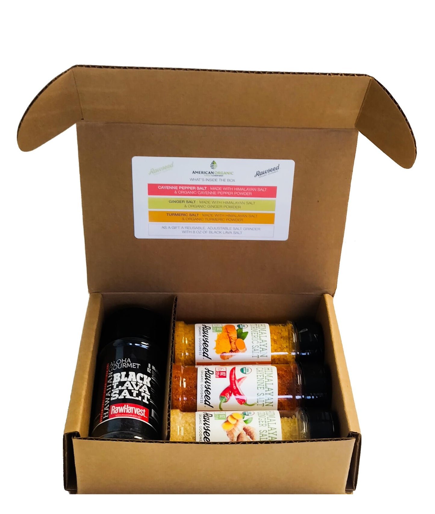 Rawseed Organic Himalayan Salt Gift Set, 4-Pack with Mild seasonings of Cayenne, Turmeric, Ginger Salt, 6 oz Each With Free RawHarvest Black Lava Salt Grinder 8 oz, Packed in an Artisan Gift Box.