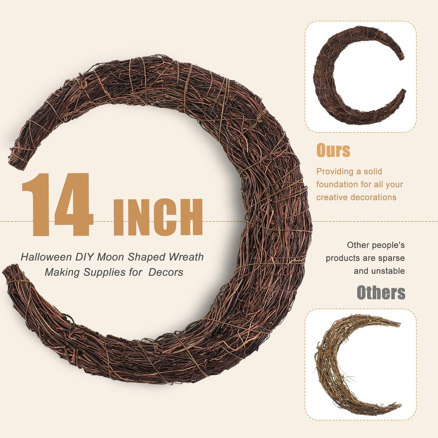 Temfmy Moon Wreath - 14 Inch Crescent Moon Natural Grapevine Wreaths Base - DIY Half Moon Shaped Wreath Making Supplies for Decor - 3 Pack