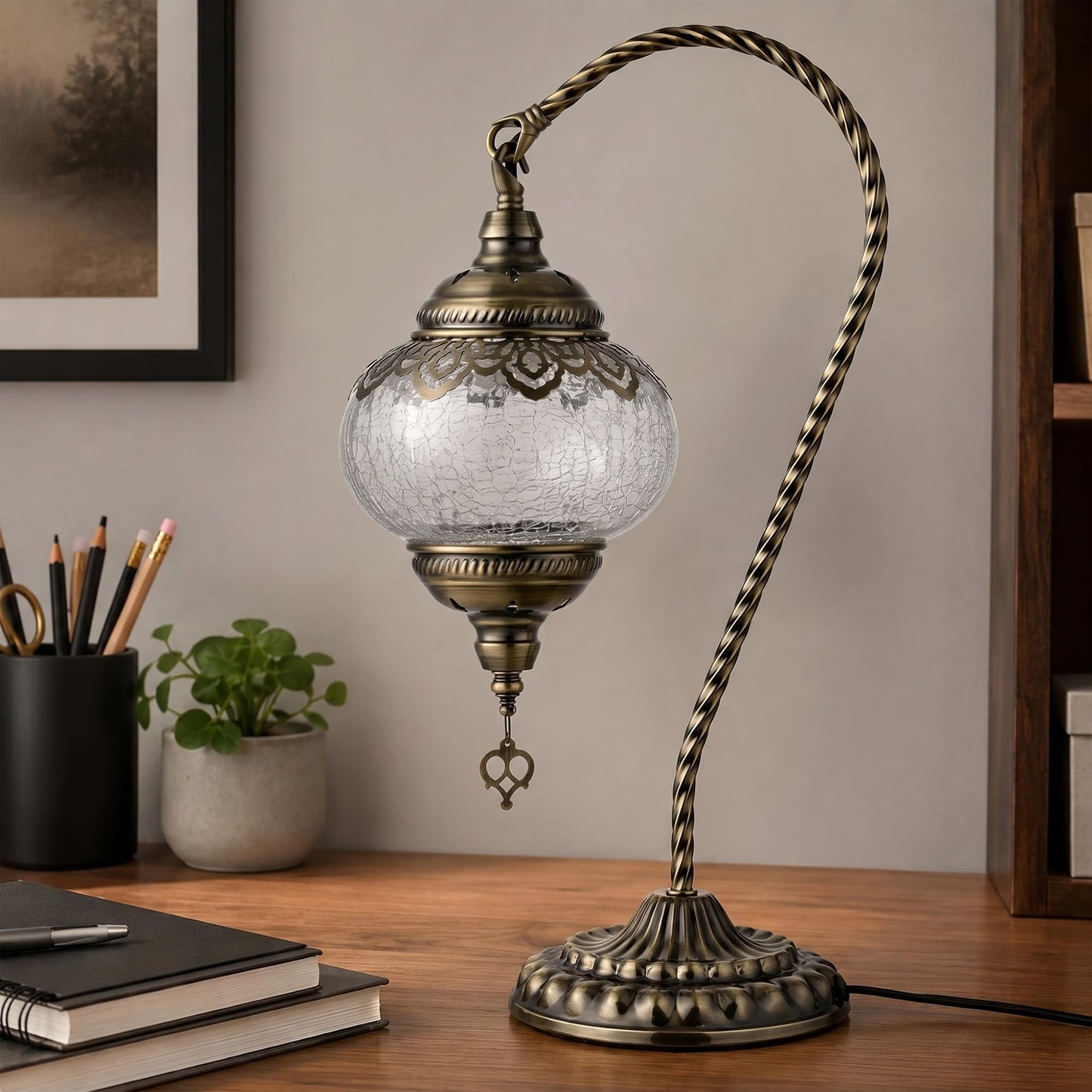 GOGERS Swan Neck Turkish Moroccan Lamp Handmade Stained Mosaic Glass Vintage Lamp Shade Bohemian Tiffany Style Bedside Night Lamp Lighting for Bedroom Living Room (White)