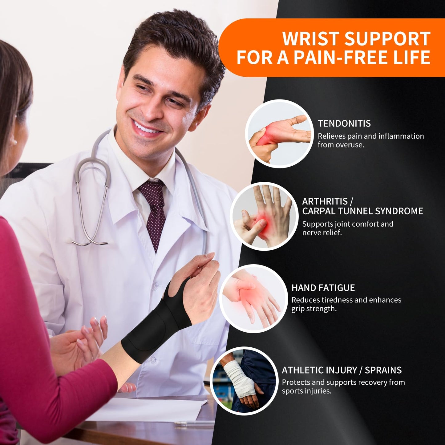 DR.SPRING Adjustable Wrist Brace & Wrist Protector for Carpal Tunnel, Arthritis & Tendonitis & Wrist Pain Relief, Breathable Moisture-Wicking Fabric with Durable hook-and-loop straps (1, Black, Large)